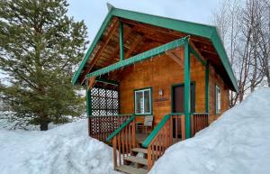 a wooden cabin in the snow in the snow at Chinook Wind Cabins in Talkeetna