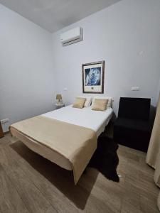 ein Schlafzimmer mit einem großen Bett und einem Stuhl in der Unterkunft Apart Nel in Praia