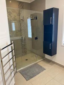 a bathroom with a shower with a glass door at J&L Boarding Holiday House in Hamilton