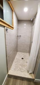 y baño con ducha y cortina de ducha. en 1 bedroom basement apartment with free parking en Brampton