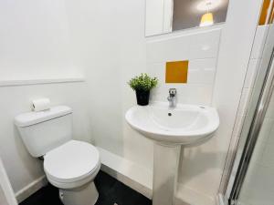 La salle de bains blanche est pourvue de toilettes et d'un lavabo. dans l'établissement Artistic 1Bed Apt near the City Centre, à Liverpool