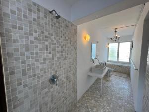 喬治市的住宿－TreeHaus 38 Moulmein by SSL - Pulau Tikus Georgetown，浴室配有盥洗盆和带镜子的淋浴