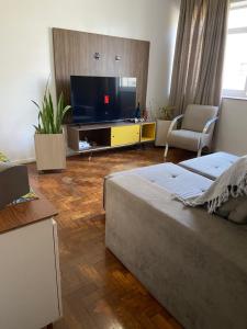 a living room with a bed and a flat screen tv at Apartamento Praça da Liberdade in Belo Horizonte