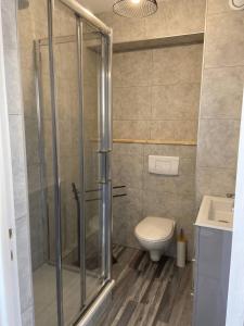 uma casa de banho com um chuveiro, um WC e um lavatório. em Glamorous studio for pleasant vacations em Le Touquet-Paris-Plage