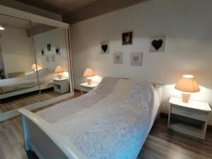 um quarto com uma cama, 2 candeeiros e um espelho em Gîte Congrier, 7 pièces, 14 personnes - FR-1-600-34 em Congrier