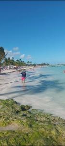 蓬塔卡納的住宿－Apto estudio en Punta Cana, vista a la pisicina，海滩上在水中行走的人