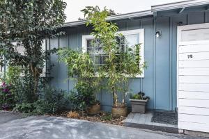 een blauw huis met een witte deur en een aantal planten bij Stanford Traveler's love & Cozy Bay trail house in East Palo Alto