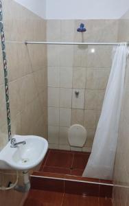 La salle de bains est pourvue d'un lavabo et d'une douche. dans l'établissement AYA NI, à Pucallpa