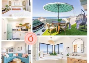 a collage of four pictures of a house with an umbrella at Ocean View Suite Manhattan Beach Patio in Manhattan Beach