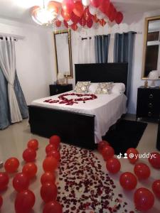 ein Schlafzimmer mit einem Bett mit roten Ballons auf dem Boden in der Unterkunft Y Beautiful and comfortable in Moca
