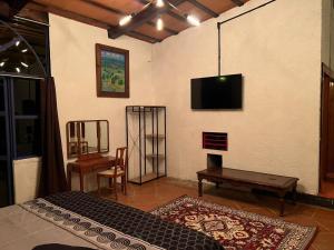 um quarto com uma cama e uma televisão na parede em Los Cruxes em Tepoztlán