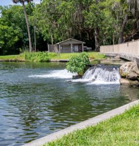 a small waterfall in the middle of a pond at Luxe Escape in De Leon Springs