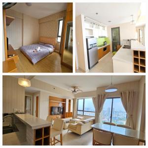 two pictures of a kitchen and a living room at Masteri Thao Dien by Aura Luxury in Ho Chi Minh City
