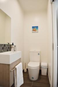 a bathroom with a white toilet and a sink at Johnsonville Brand New Lovely townhouse in Wellington