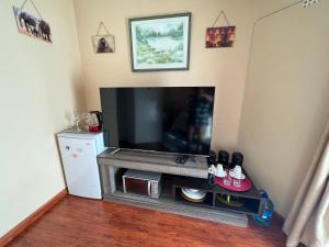 a living room with a large flat screen tv at The Silver Gates Bed and Breakfast in Mbabane