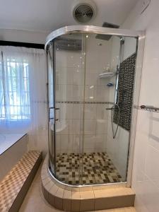 a shower with a glass door in a bathroom at The Silver Gates Bed and Breakfast in Mbabane