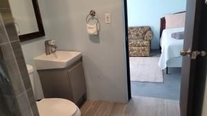 ein Badezimmer mit einem Waschbecken, einem WC und einem Spiegel in der Unterkunft Beach Getaway with Cozy 2 Bedrooms near the Ocean, Arecibo in Arecibo