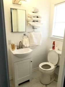 een badkamer met een toilet, een wastafel en een spiegel bij Lakeview Luxury Resort in Lakeview