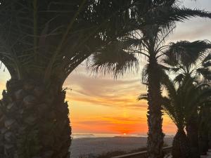 um pôr do sol na praia com palmeiras em Apartamento playa vilanova y la geltru em Vilanova i la Geltrú