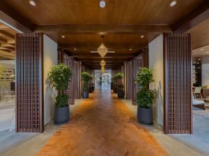 um corredor com vasos de plantas num edifício em Little Oasis - An Eco Friendly Hotel & Spa em Hoi An