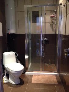 W łazience znajduje się toaleta i przeszklony prysznic. w obiekcie 2-х комнатные апартаменты в г.Поморие Болгария w mieście Pomorie