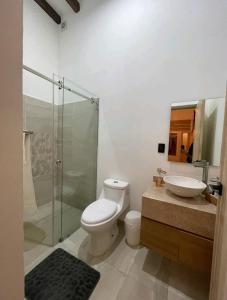 a bathroom with a toilet and a sink and a shower at Room 3 for 2 People, Double Bed in Morelia