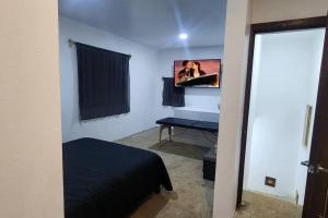 1 dormitorio con 1 cama y TV en la pared en Terraza, Casa, Cabaña, Campo, en Arandas