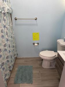 a bathroom with a toilet and a shower curtain at Best Surfers Beach just a few block down, Arecibo Main House in Arecibo