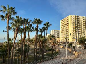 a street with palm trees and a tall building at Tamarindo 5 in Benalmádena