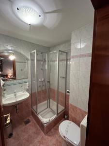 a bathroom with a shower and a toilet and a sink at Hotel Razgorsek in Velenje +86 photos
