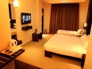 een hotelkamer met 2 bedden en een televisie bij SUNFLOWER HOTEL in Mysore