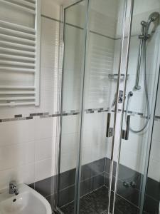 La salle de bains est pourvue d'une douche et d'un lavabo. dans l'établissement Hotel De La Plage, à Rimini