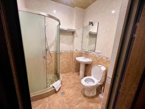 a bathroom with a toilet and a shower and a sink at Armenian Royal Palace in Yerevan