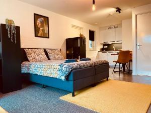 een slaapkamer met een bed en een keuken in een kamer bij Moderne studio in hèt wandel- en fietsland Twente in Markelo