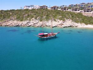 a boat sitting in the water next to a beach at Bodrum Private Boat Tours -Daily -Yacht Tours Bodrum in Bodrum City