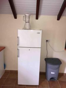 un mixeur installé au-dessus d'un réfrigérateur blanc dans l'établissement Beautiful Arpartment for 2, à Deshaies 14 autres photos