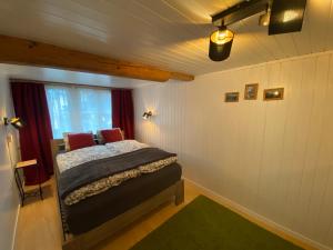 1 dormitorio con 1 cama con almohadas rojas en Cosy apartment in heritage protected swiss chalet, en Matten