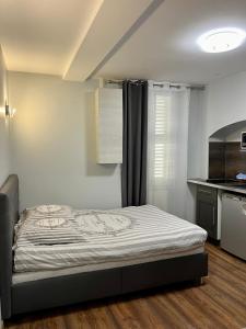 1 dormitorio pequeño con 1 cama en la cocina en Charmant Studio au cœur historique de Fréjus, en Fréjus