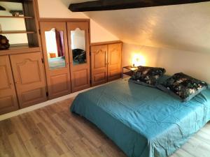 1 dormitorio con 1 cama con sábanas azules y armarios de madera en Chambre(s) dans loft partagé, cosy et spacieux! en Tarbes