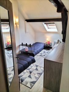 una sala de estar con sofás azules en una habitación en Chambre(s) dans loft partagé, cosy et spacieux! en Tarbes