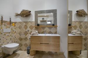 La salle de bains est pourvue de toilettes, d'un lavabo et d'un miroir. dans l'établissement Charmante petite maison donnant sur les Arènes, à Arles