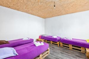 Zimmer mit 3 Betten und lila Bettwäsche in der Unterkunft Melaanian Vintage - Guest House, Ecotourism Complex 