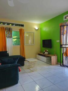 a living room with green walls and a flat screen tv at LE COROSSOL APPART in Mamoudzou