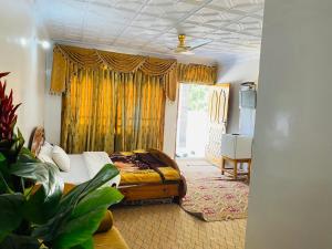 een slaapkamer met een bed en een geel gordijn bij Hotel Miandam Palace in Mingora