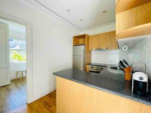 a kitchen with wooden cabinets and a counter top at Opera & Harbour bridge view penthouse (3 rooms) in Sydney