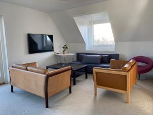 a living room with two couches and a tv at Renovated apartment near nature in Birkerød