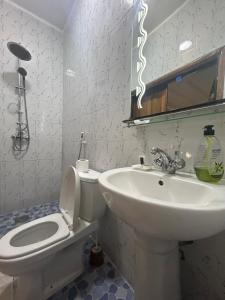 a bathroom with a sink and a toilet and a mirror at Villa Jade in Dakar