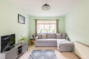 Una sala de estar con un sofá y un televisor. en Lovely Town Centre 1 Bed Nr Country & River Walks, en Gloucestershire