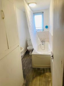 a bathroom with a sink and a toilet and a window at Portable Single room in Bury