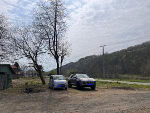 deux voitures garées l'une à côté de l'autre sur un chemin de terre dans l'établissement Sound Garden Biei, Forest, à Shibinai